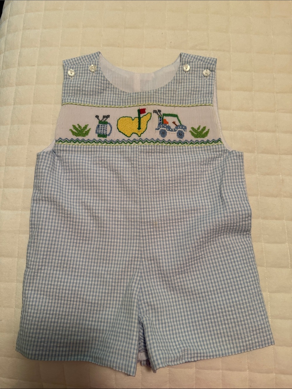 Blue Gingham Smocked “Pete” Shortall with Master’s Logo